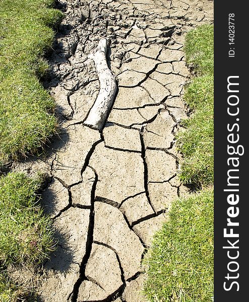 A color landscape photo of a dried up riverbed with cracked mud and waffled patterns caused by global warming