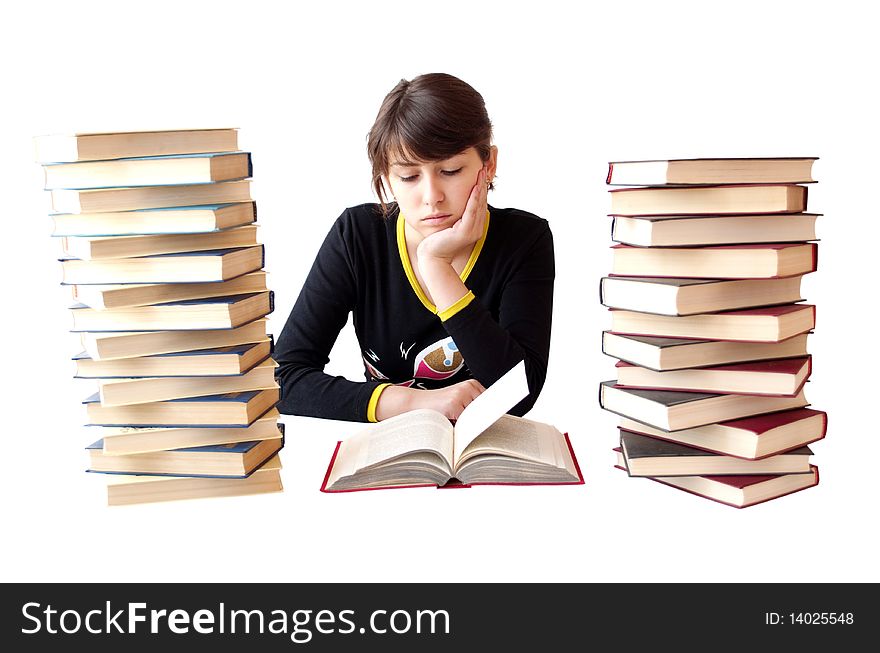 The girl reads books on a white background