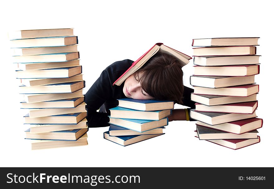 The girl reads books on a white background