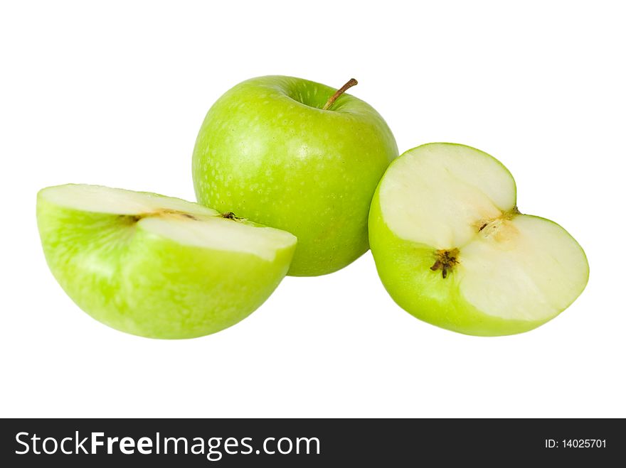 Delicious sweet Granny Smith Apples, cut in half and whole. Delicious sweet Granny Smith Apples, cut in half and whole.