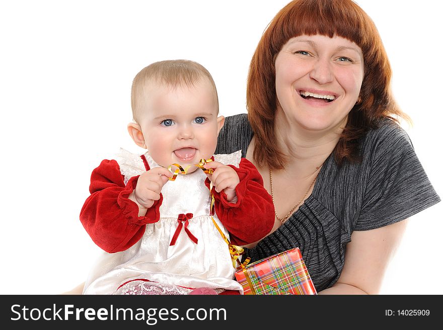 Happy mother and daughter smiling isolated over a white background