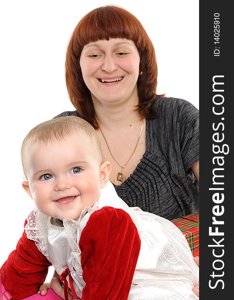 Happy mother and daughter smiling isolated over a white background