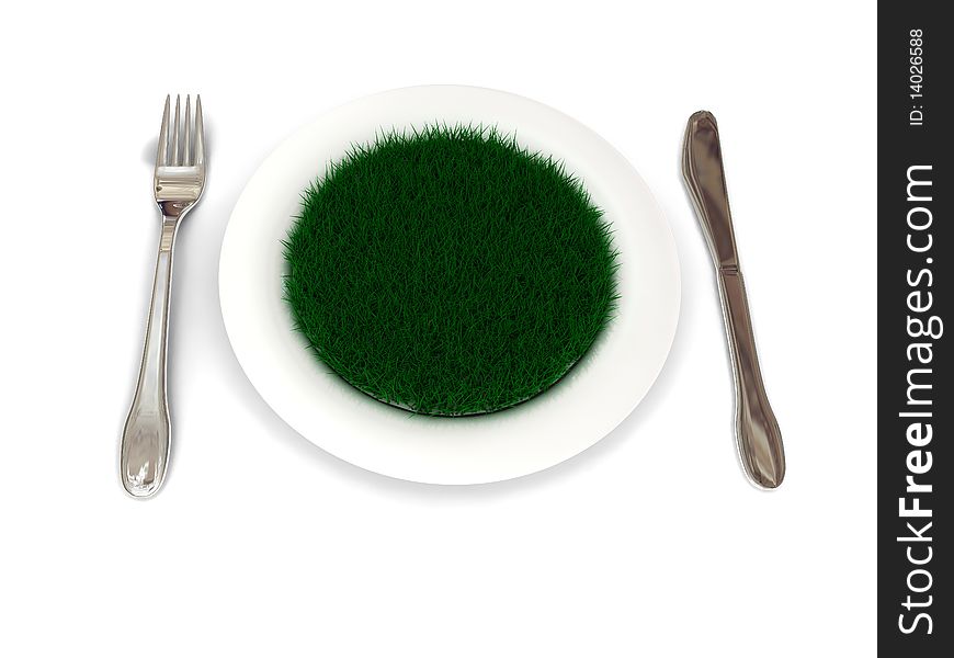 Plate with grass over white. 3d render