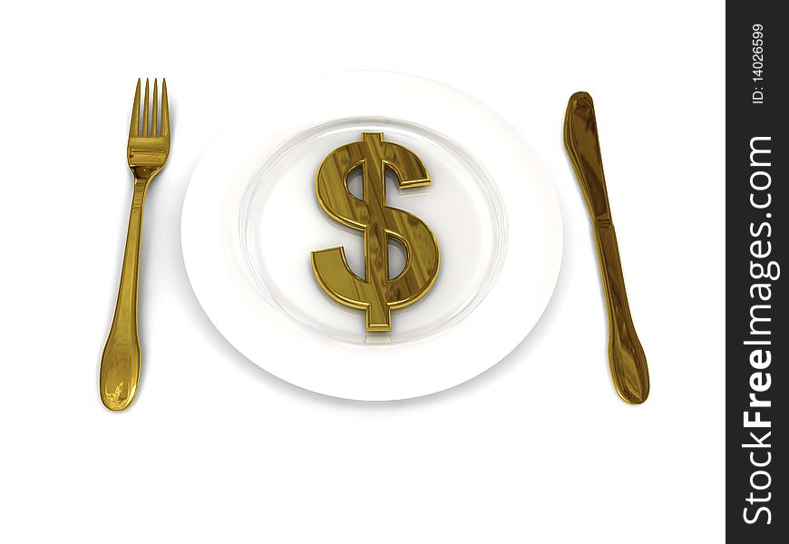Plate with dollar sign over white. 3d render