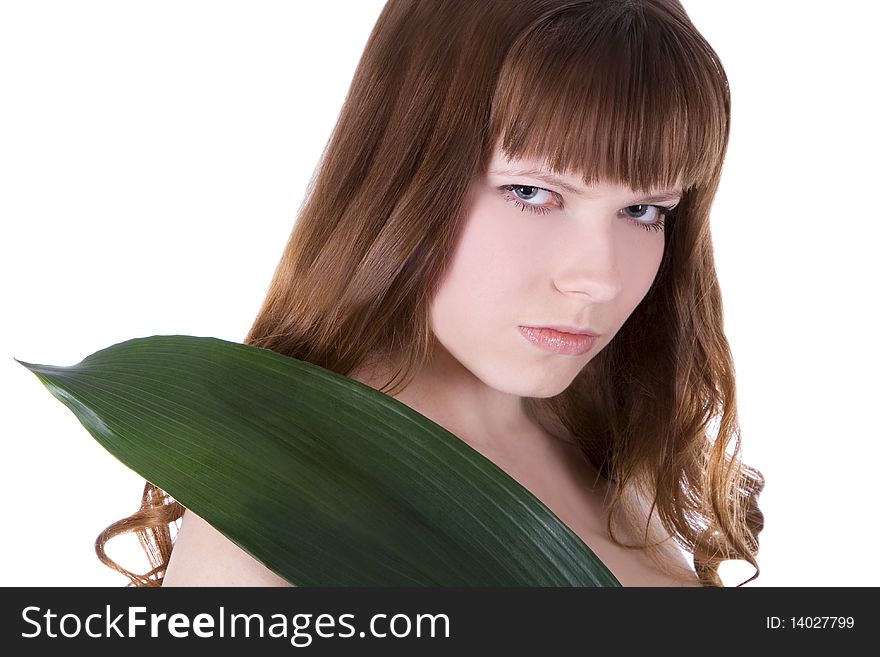 Woman Hiding Behind The Palm Leaf