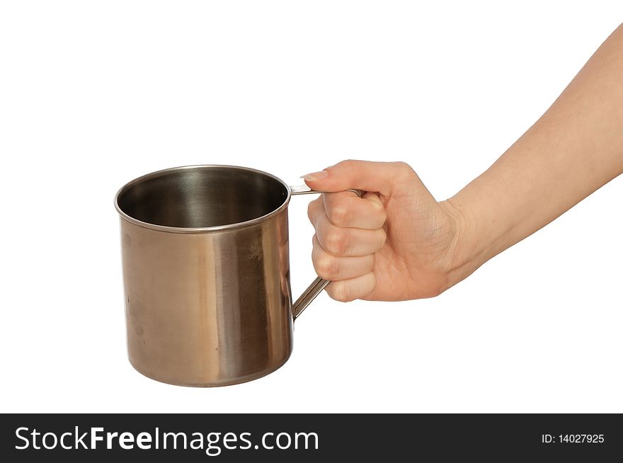 Woman holding big metal mug in the hand