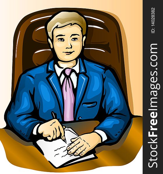 Manager at the table - vector color illustration