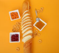 Top View On French Bread Jam Cottage Cheese And Butter Royalty Free Stock Photography