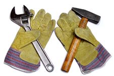 Hammer, Wrench And Work Gloves Royalty Free Stock Photography Hammer, Wrench And Work Gloves Royalty Free Stock Photography