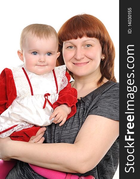 Happy mother and daughter smiling isolated over a white background