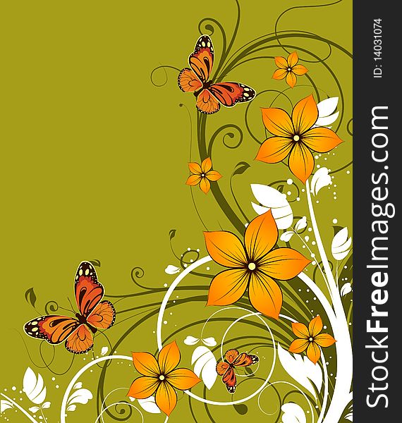 Abstract Floral Background With Butterflies.