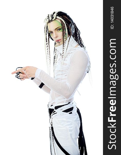 Shot of a futuristic young man with wires. Isolated over white background. Shot of a futuristic young man with wires. Isolated over white background.