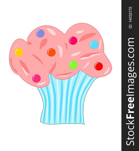 Delicious cupcake with pink cream and candies. Vector illustration. Delicious cupcake with pink cream and candies. Vector illustration