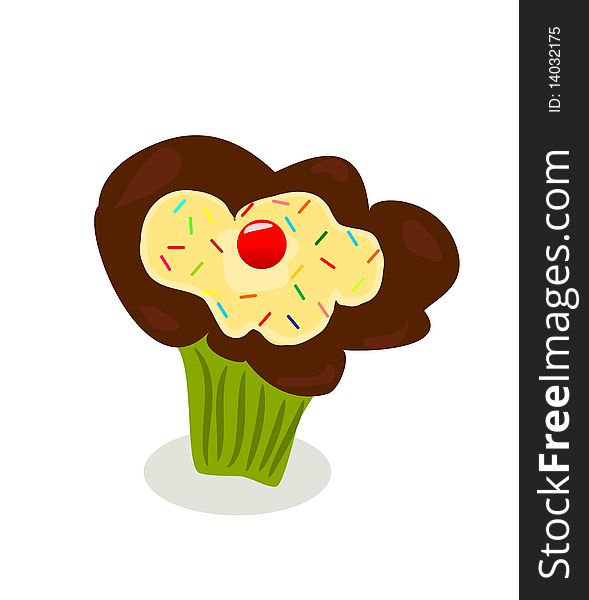 Vector illustration of chocolate cupcake with whipped cream and cherry