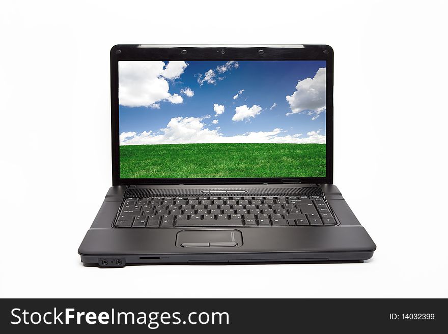 Laptop isolated on white background, landscape wallpaper. Laptop isolated on white background, landscape wallpaper