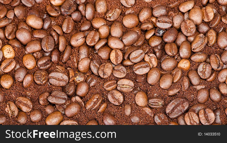 Coffee beans close up photo.
