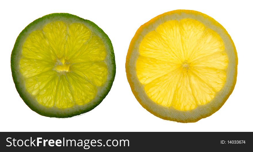 Slices of Lime and Lemon fruit, isolated on white. Slices of Lime and Lemon fruit, isolated on white.