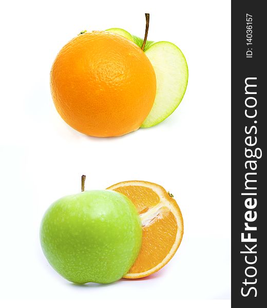 Green apple and orange cuts isolated over white