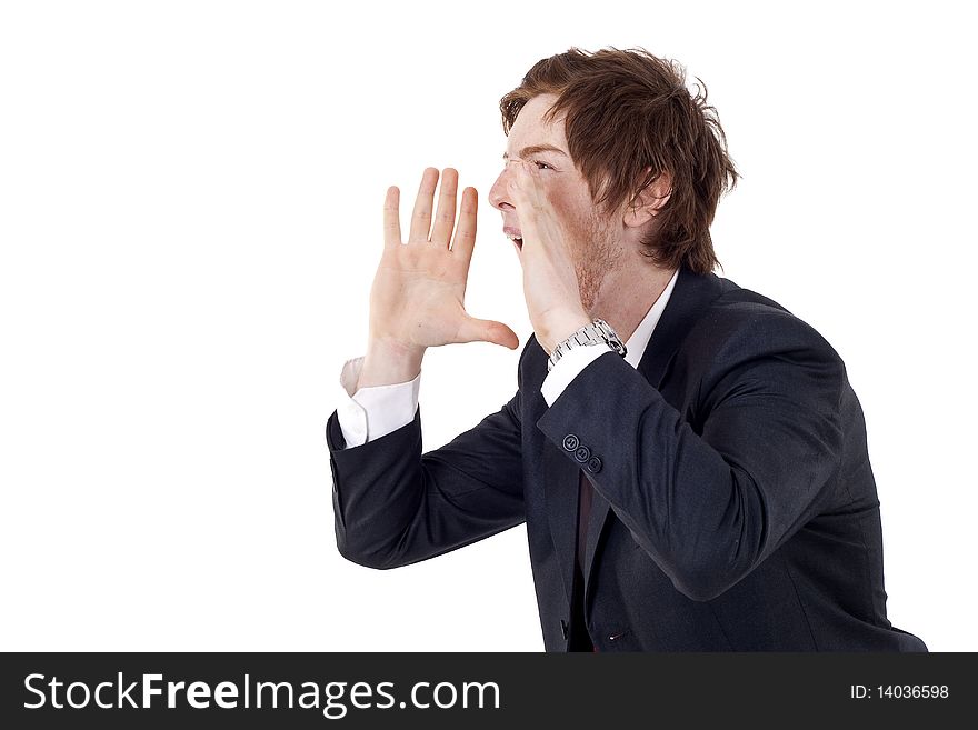 Frustrated businessman shouting with white background