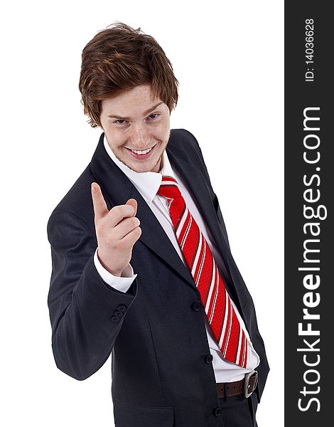 Picture of a young businessman pointing at you as a warning. Picture of a young businessman pointing at you as a warning