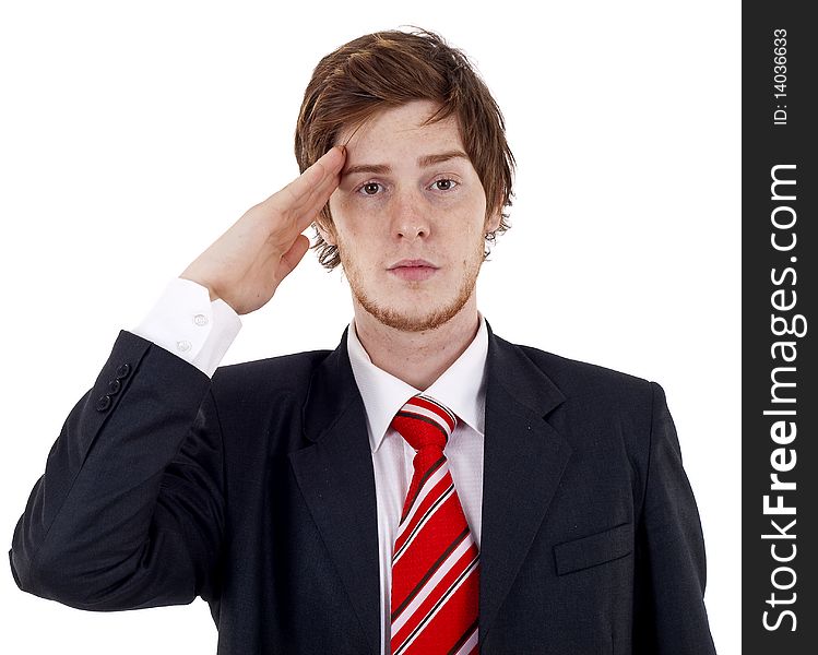 Business man gives salute isolated on white background