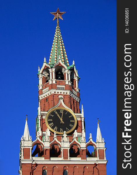 Hours on the Spassky tower of Moscow Kremlin, Russia.