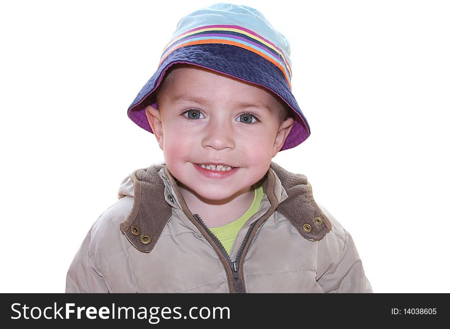 Sweet little boy smiling on white background