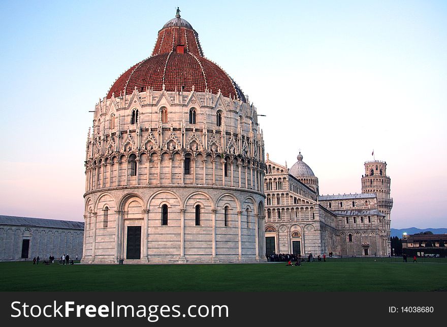 Late afternoon view of Pisa, Baptistry, Cathedral and leaning Tower