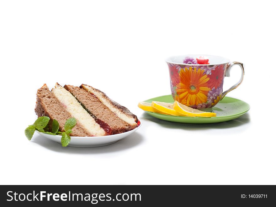 Cake with tea, lemon