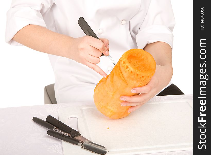 Process of carving a pumpkin isolated on white background