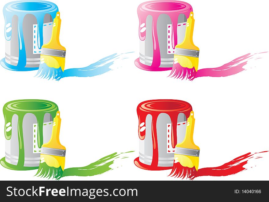 Bank with a colorful paint and brush set. Isolated on a white background. Vector will be additional. Bank with a colorful paint and brush set. Isolated on a white background. Vector will be additional