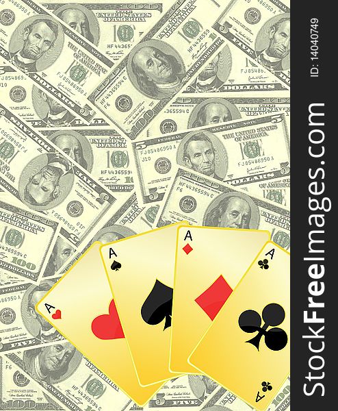 Image of playing cards on dollar background. Image of playing cards on dollar background