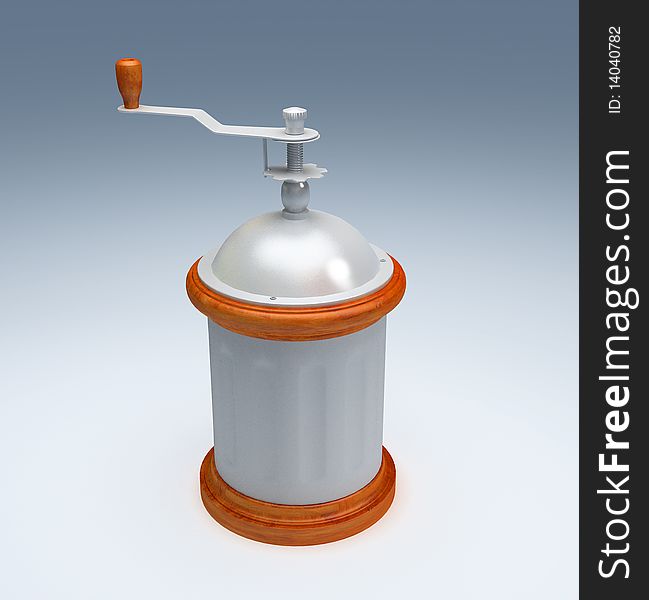 Cylindrical metal coffee grinder on a light background