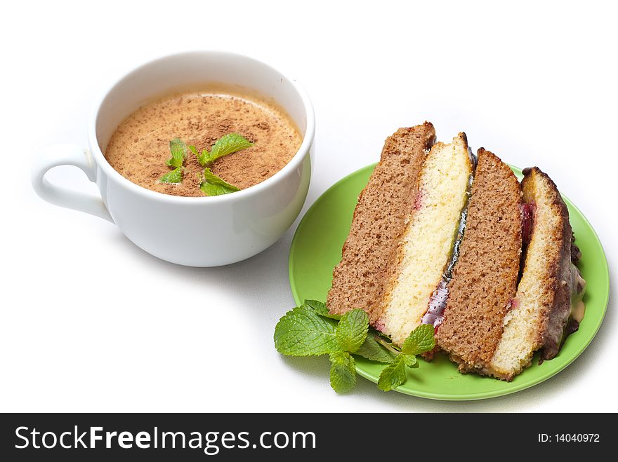 Coffee with cake and mint