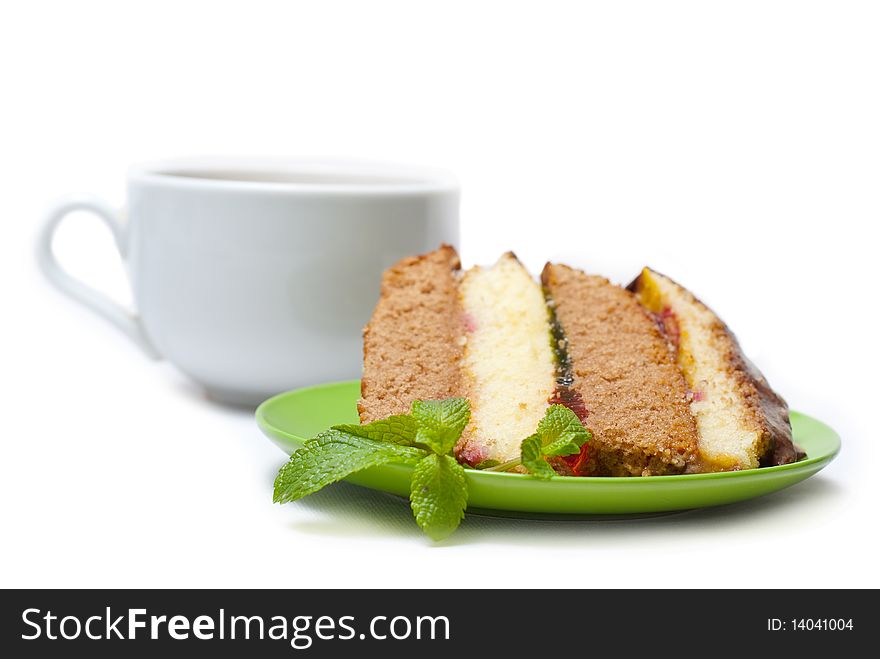 Coffee with cake and tea with lemon and mint