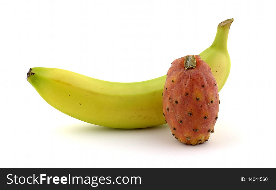 Banana with prickly pear on white background. Banana with prickly pear on white background