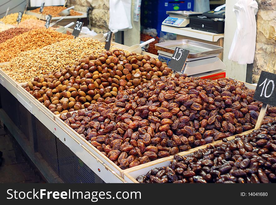 Dried fruits on market stand