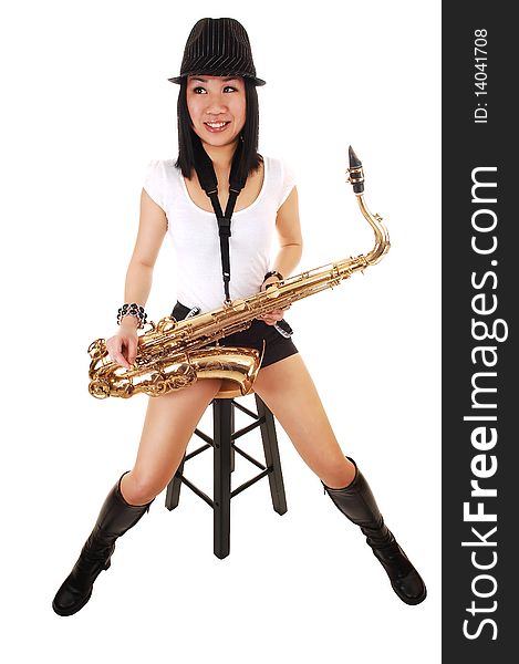 Chinese girl playing the saxophone.