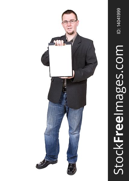 Casual man holding banner over white background. Casual man holding banner over white background