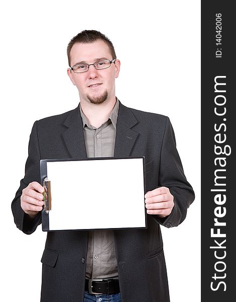 Man holding banner over white background