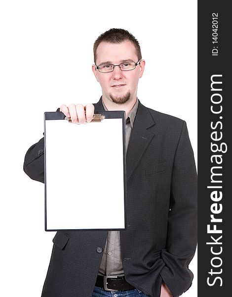 Casual man holding banner over white background. Casual man holding banner over white background