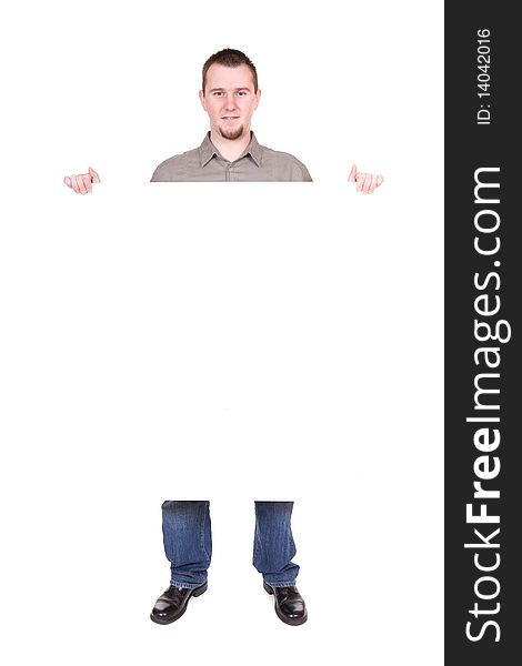 Casual man holding banner over white background. Casual man holding banner over white background