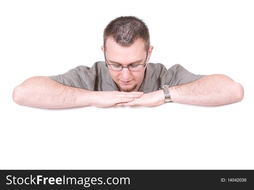 Casual man holding banner over white background. Casual man holding banner over white background