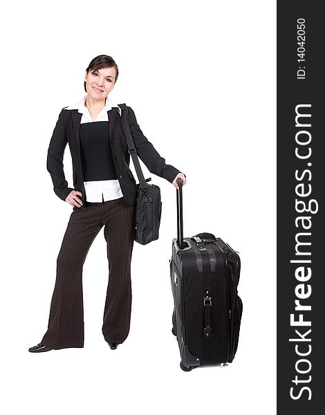 Young attractive woman traveling with suitcase. Young attractive woman traveling with suitcase