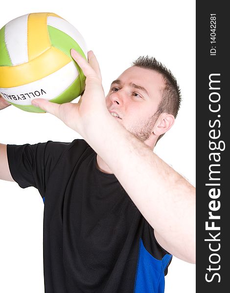 Young happy man with ball. over white background. Young happy man with ball. over white background