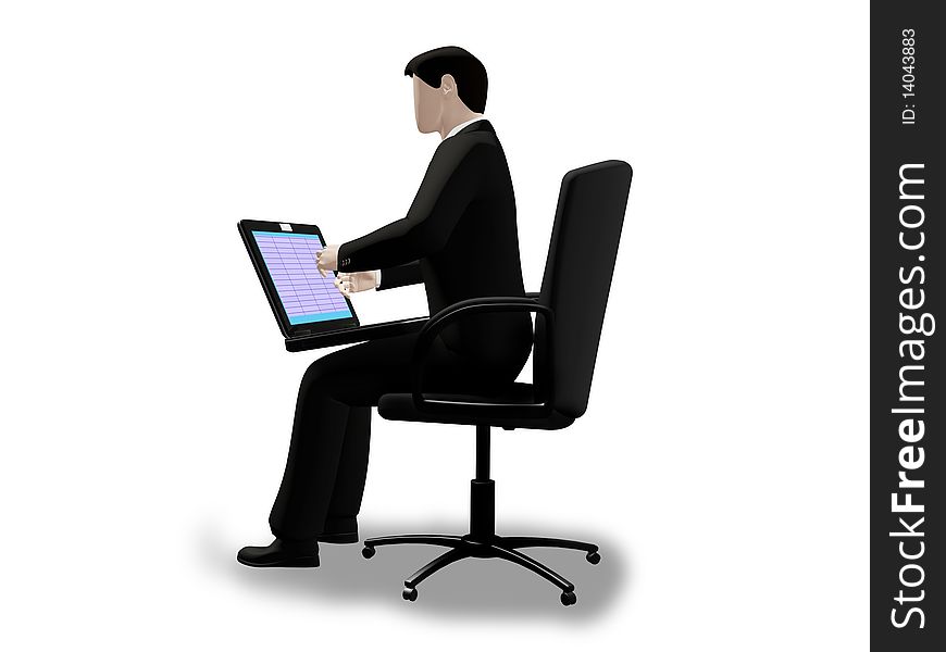 On the 3d image the businessman work on laptop on white background