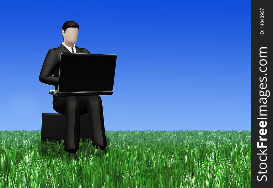 In 3d picture the businessman working on the laptop is represented
sitting in the field in a grass. In 3d picture the businessman working on the laptop is represented
sitting in the field in a grass