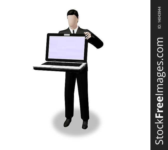 On 3d images businessman holding laptop with empty screen for message