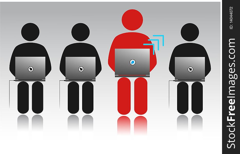 The  image of the people sitting with laptops in a lap, on a grey background, the person in the middle of red colour. The  image of the people sitting with laptops in a lap, on a grey background, the person in the middle of red colour