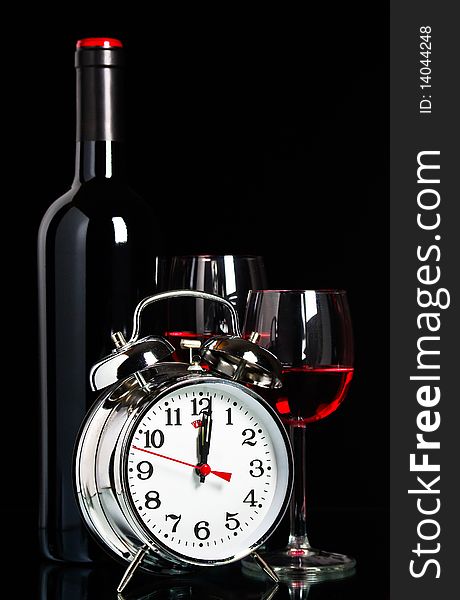 Bottle of wine with clock and glass. Bottle of wine with clock and glass